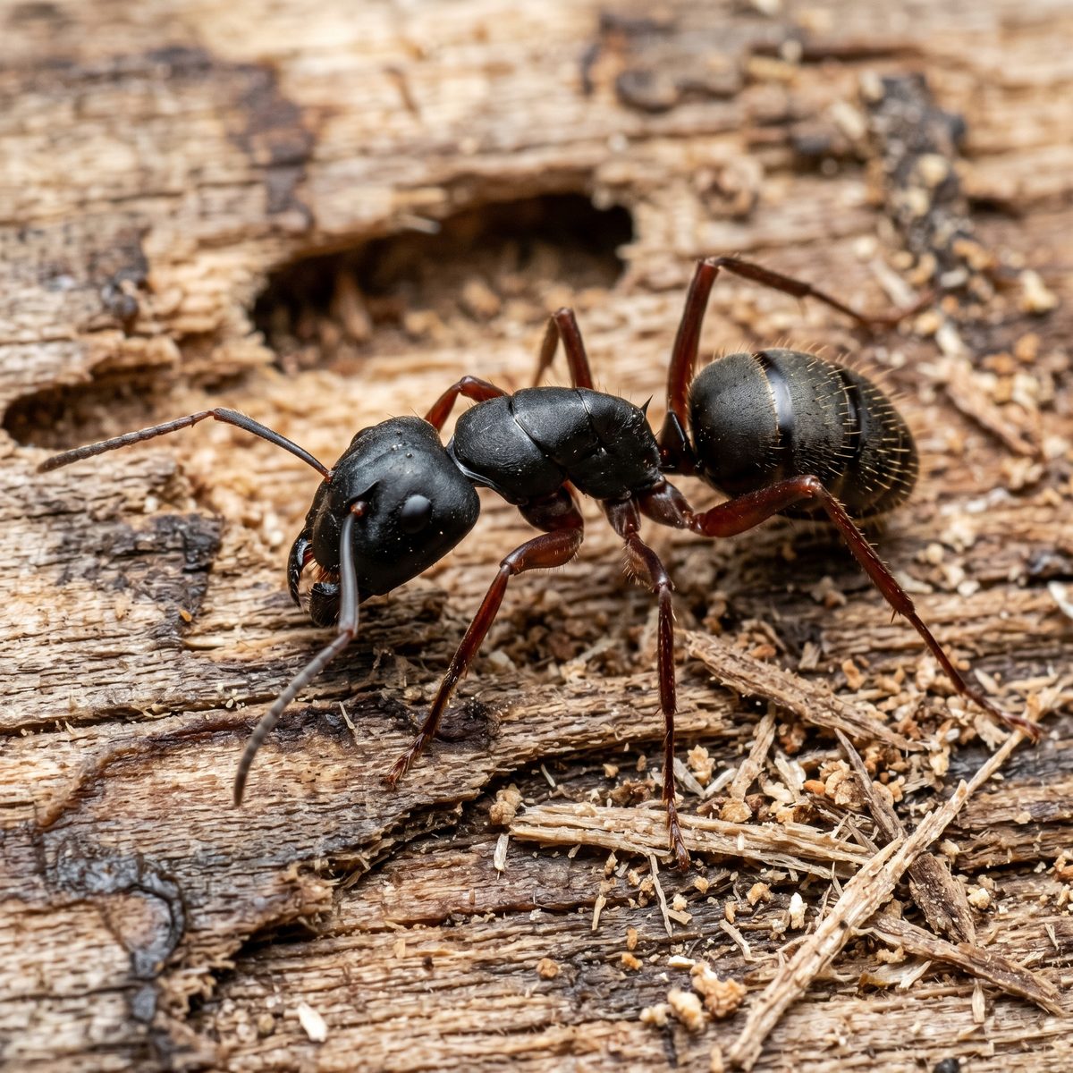 Large black carpenter ant on weathered pine wood next to a chewed gallery opening and frass