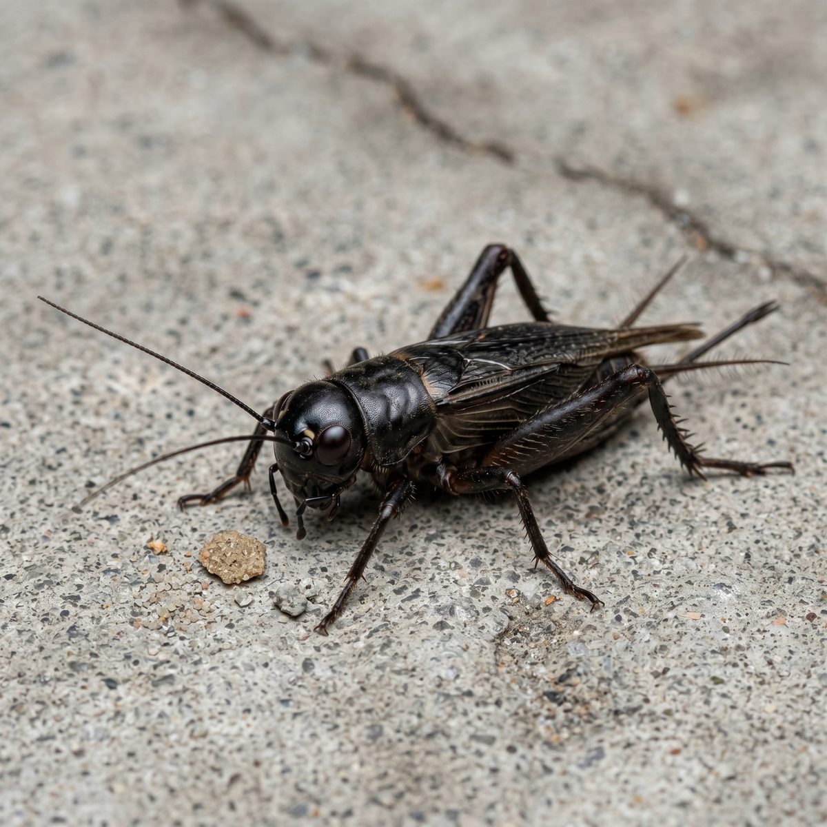 Black field cricket resting on a cracked gray concrete garage floor