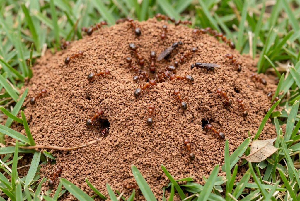 Active red imported fire ant mound in a North Texas lawn with workers swarming the surface