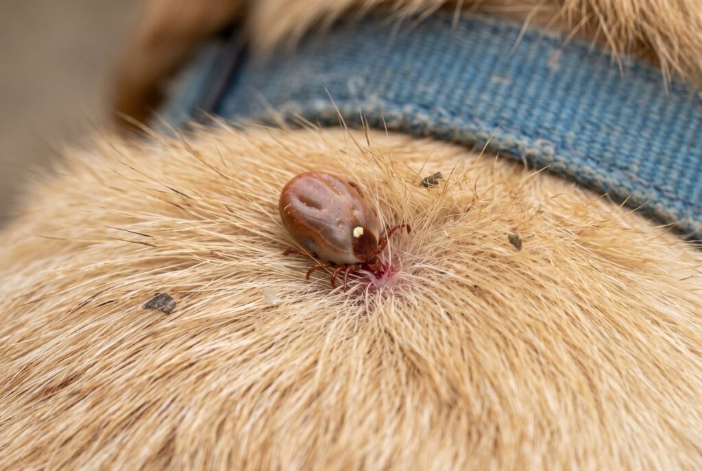 Engorged Lone Star tick attached to a Labrador retriever's neck fur near a blue collar