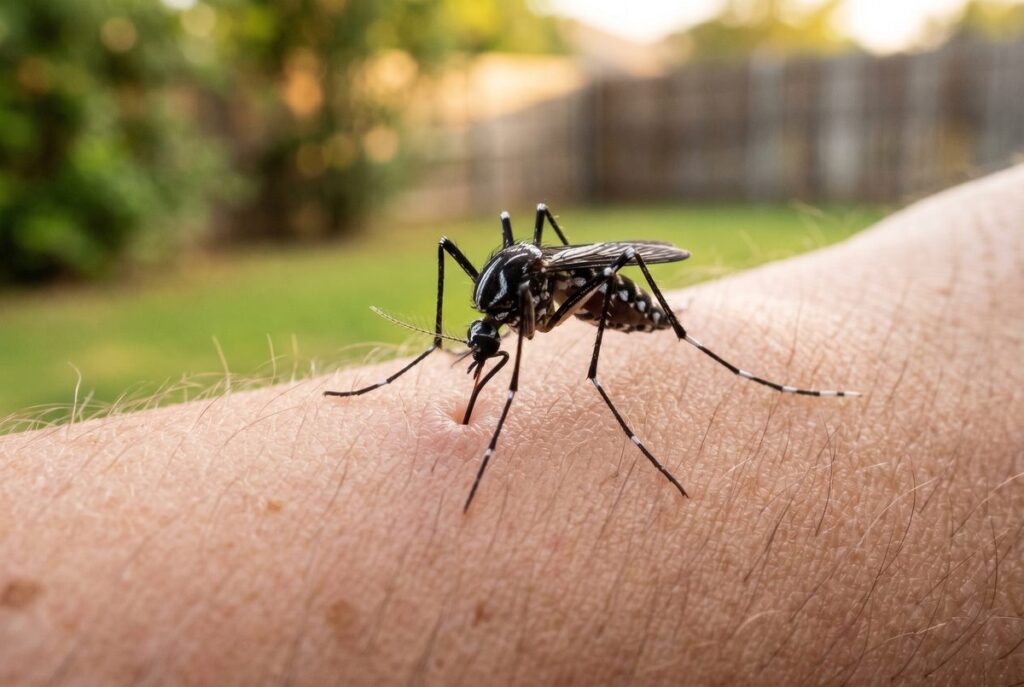 Asian tiger mosquito biting a human forearm in a Denton County backyard at golden hour