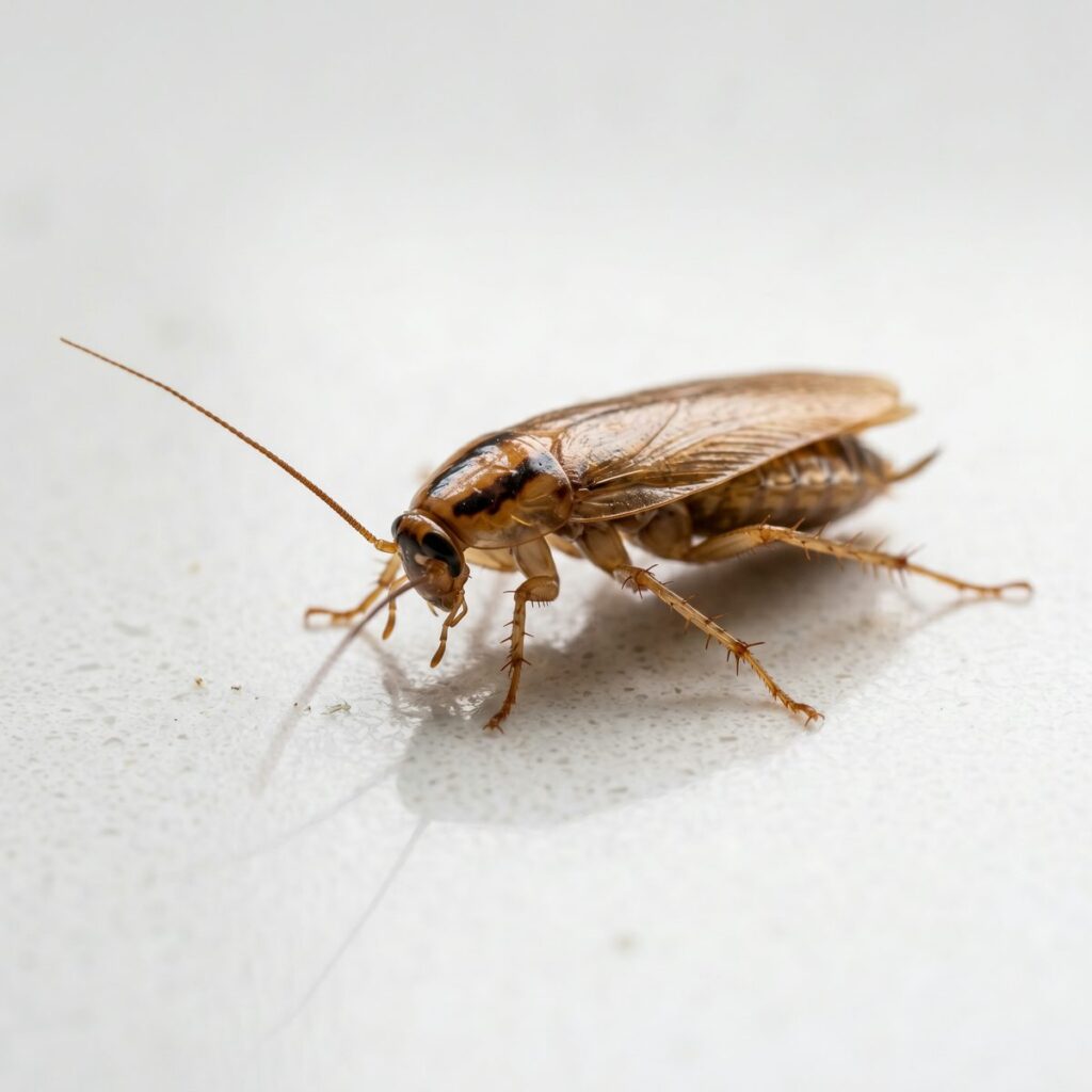 Adult German cockroach on a polished white quartz kitchen countertop