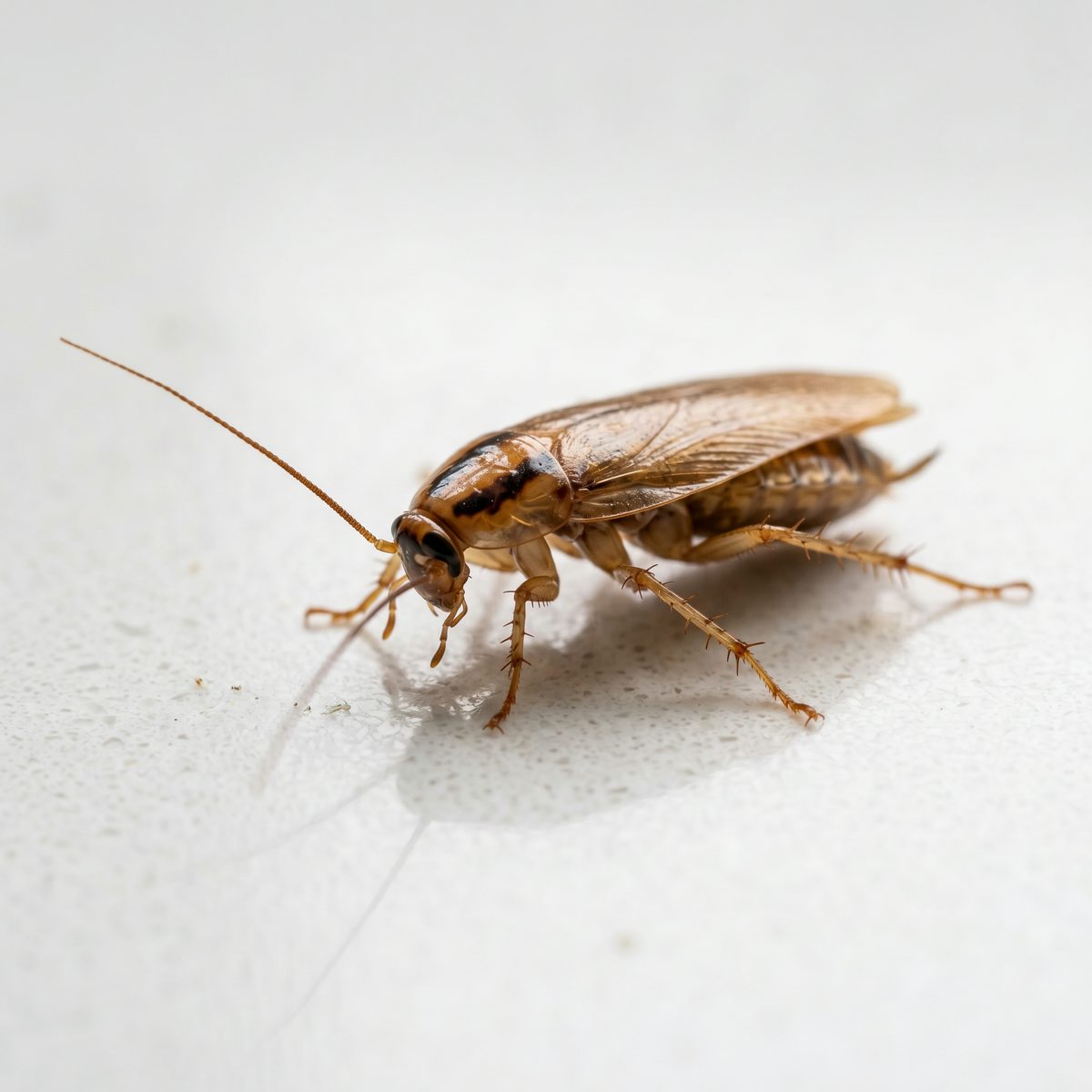 Adult German cockroach on a polished white quartz kitchen countertop