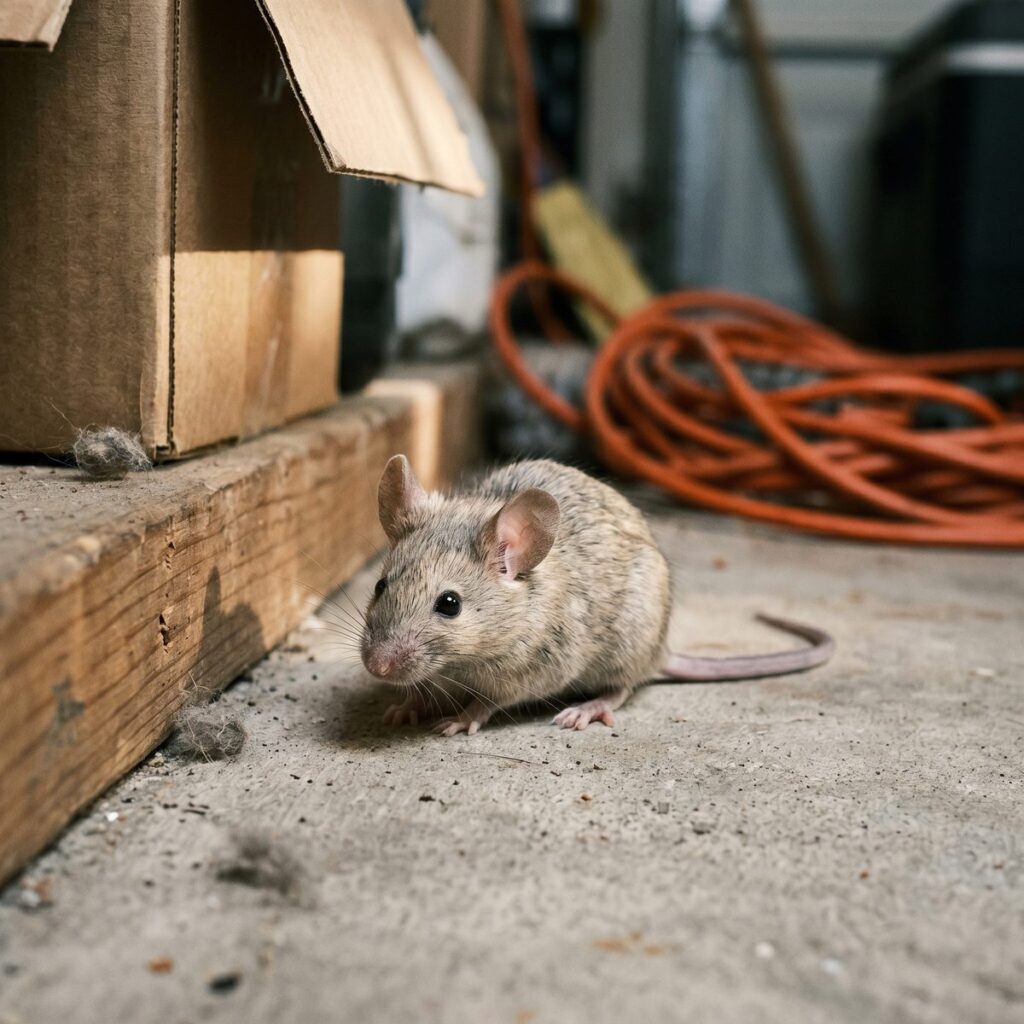 House mouse crouched in the corner of a North Texas residential garage beside a cardboard box