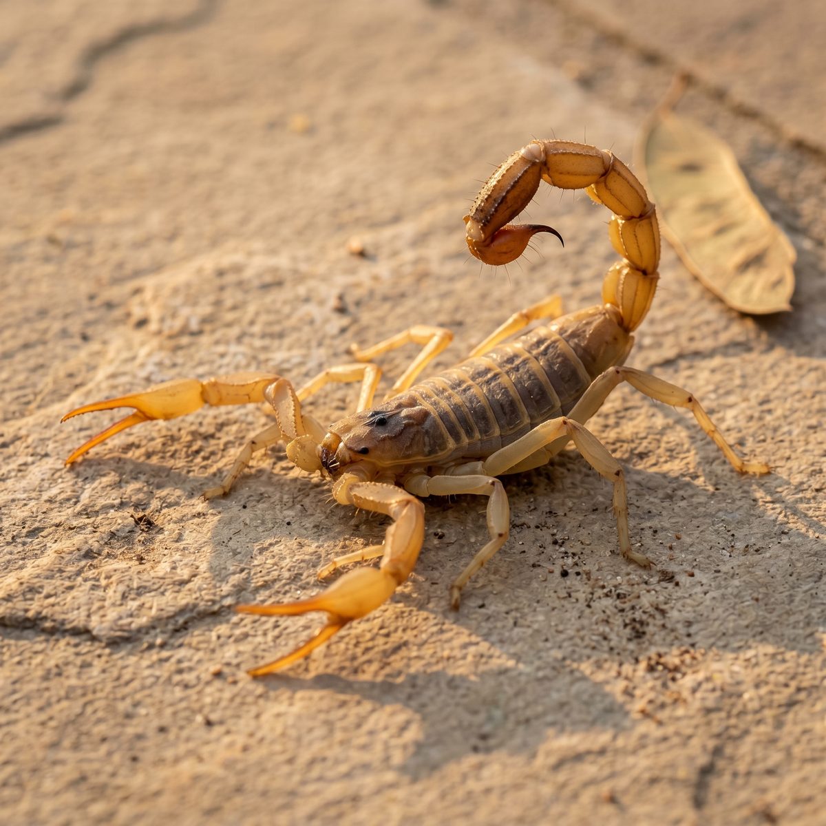 Texas striped bark scorpion in a defensive posture on a tan flagstone patio at dusk