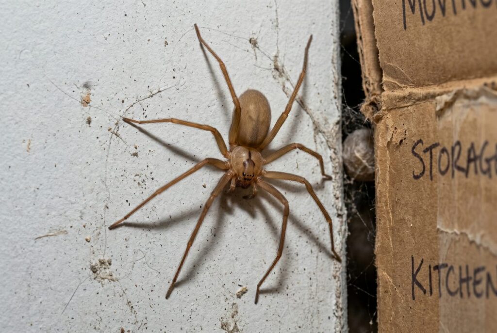 Adult brown recluse spider on a garage wall beside stacked storage and kitchen moving boxes