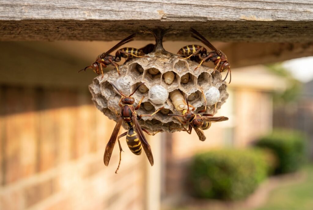 Texas paper wasps clustered on an open umbrella nest tucked under a suburban wood eave