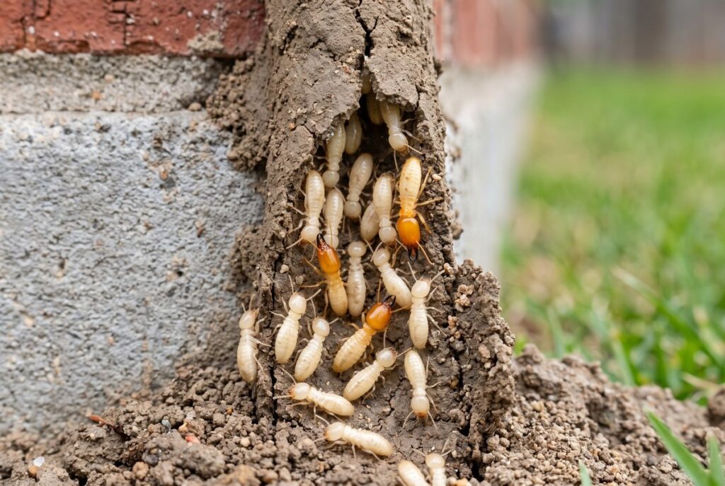 Pale subterranean termite workers and orange-headed soldiers exposed in a cracked mud tube on a North Texas home's concrete slab foundation